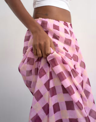 Sheer Full Circle Chiffon Skirt in Pink Check