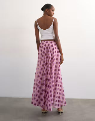 Sheer Full Circle Chiffon Skirt in Pink Check
