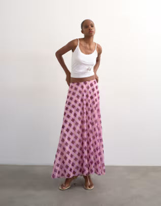Sheer Full Circle Chiffon Skirt in Pink Check