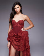 Premium Hitched Corset Lace Mini Dress with Hip Pads and High Low Skirt in Mulberry
