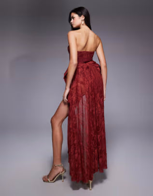 Premium Hitched Corset Lace Mini Dress with Hip Pads and High Low Skirt in Mulberry