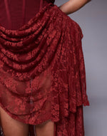 Premium Hitched Corset Lace Mini Dress with Hip Pads and High Low Skirt in Mulberry