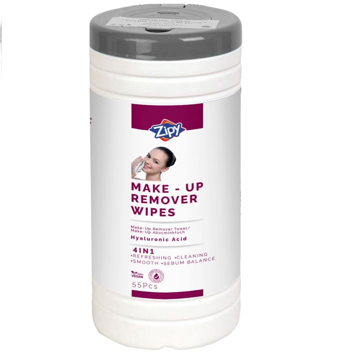Lingettes humides nettoyantes Maquillage ZIPY - Lingettes visage - Formule acide hyaluronique - 55 pièces (19 x 16 cm)