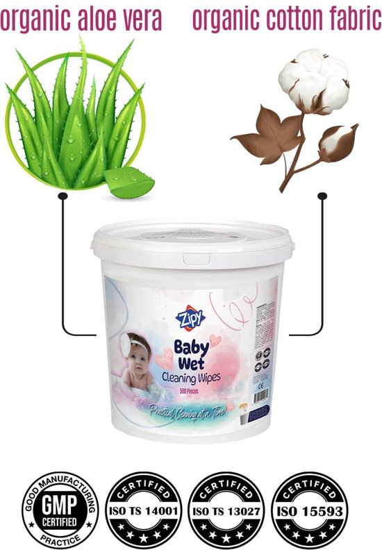 ZIPY Seau Lingettes Bébé Fibres de Coton Bio à Aloë Vera - Paquet de 550 pièces (22 x 22 cm) - XL