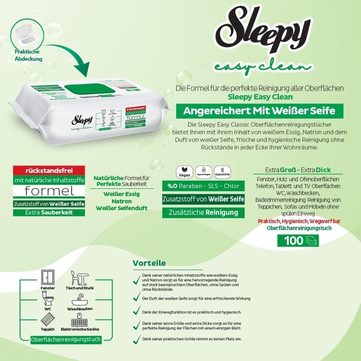 Sleepy Easy Clean 6 x 100 moist wipes (600 sheets in total)