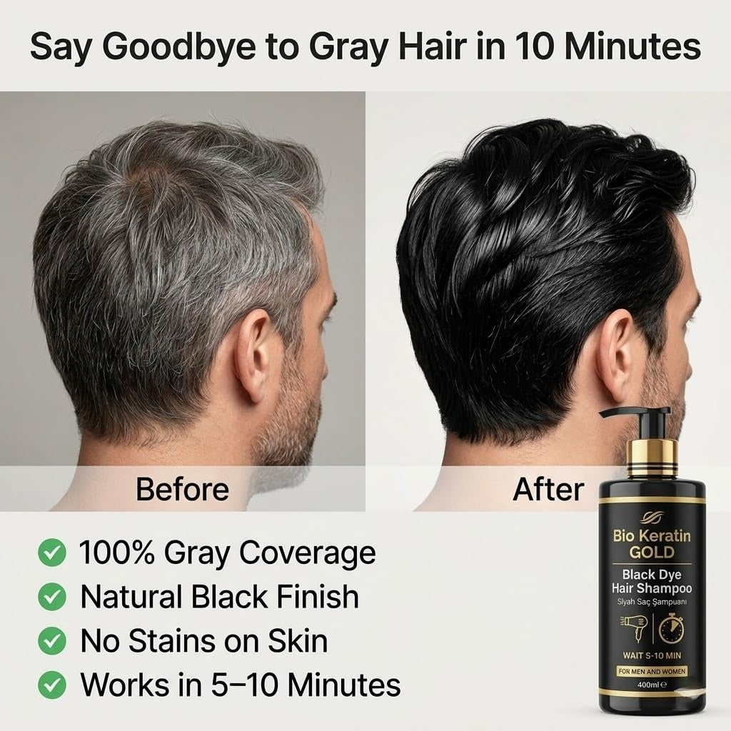 Shampoing Teinture Cheveux Noirs 400ml - Couverture 100% des Cheveux Gris en 5-10 Minutes, Résultats Professionnels & Qualité Salon, Couleur & Shampoing 2-en-1, Ne Tache Pas la Peau, Pour Hommes & Femmes