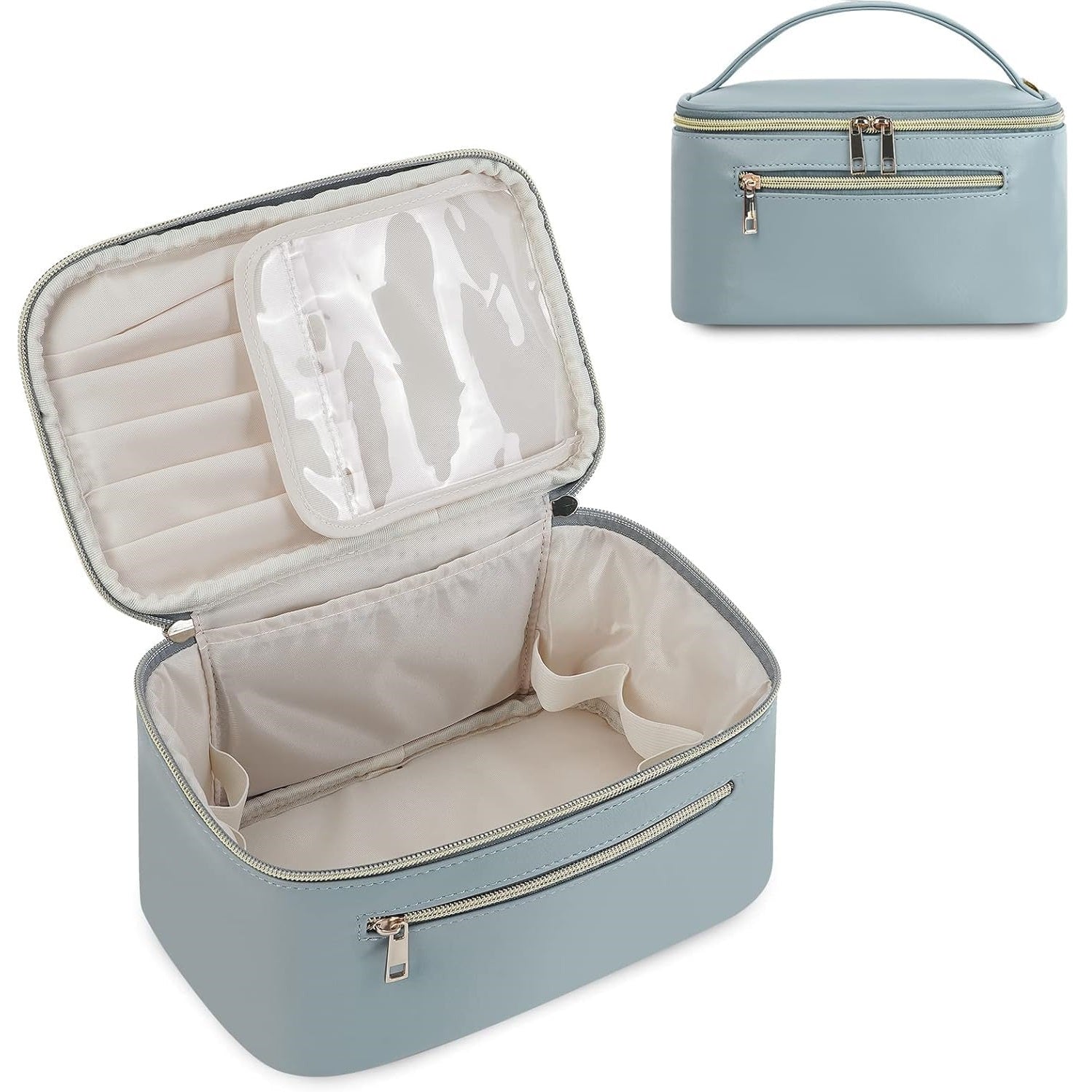 Large Women's Makeup Bag, Travel Makeup Bag with Brush Compartment, Faux Leather Organizer, Portable Makeup Bag, 23.5 x 14 x 13cm, Grayish Blue, Large Women's Toiletry Bag