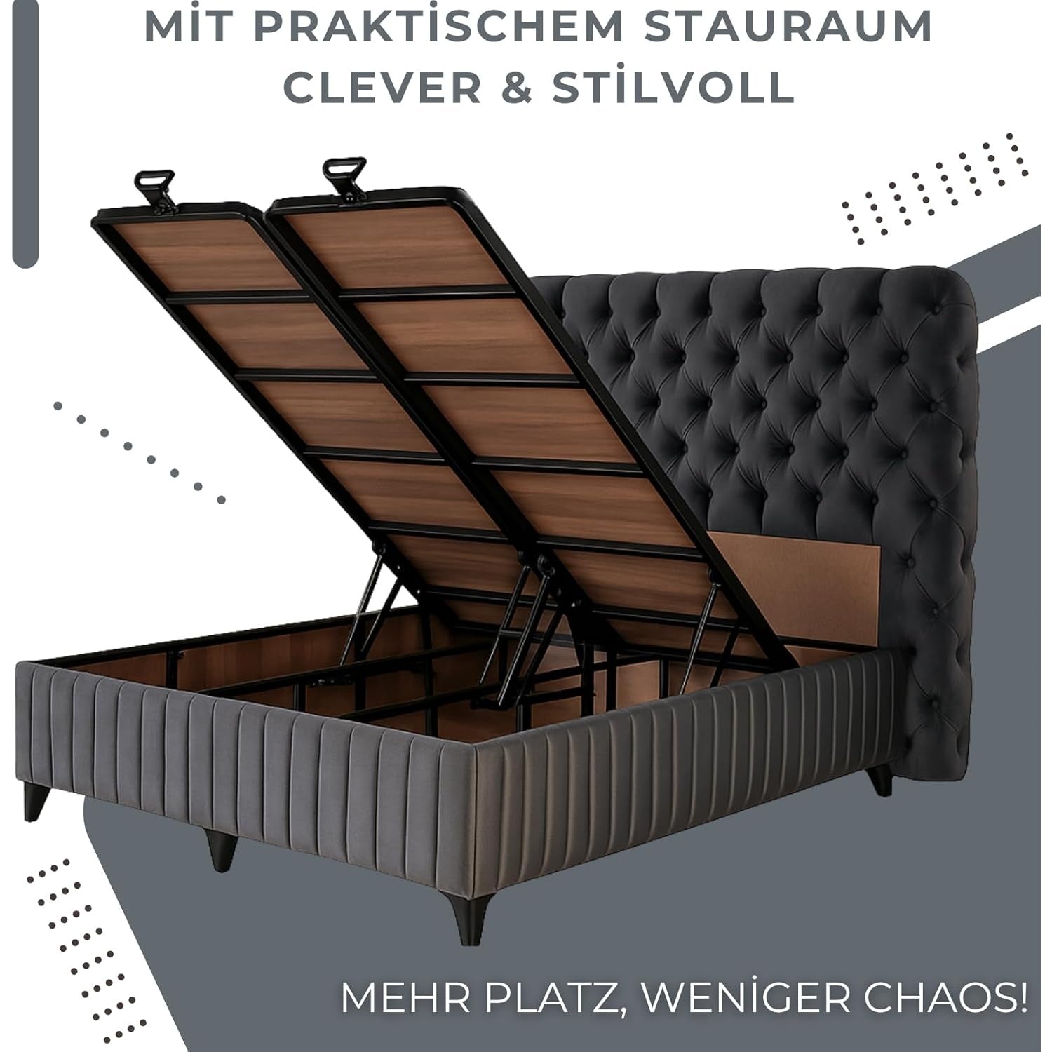 Lit coffre Fluffy avec matelas et sommier, lit avec rangement, ensemble complet avec matelas orthopédique 7 zones avec surmatelas, hypoallergénique, respirant, hauteur de couchage 67 cm