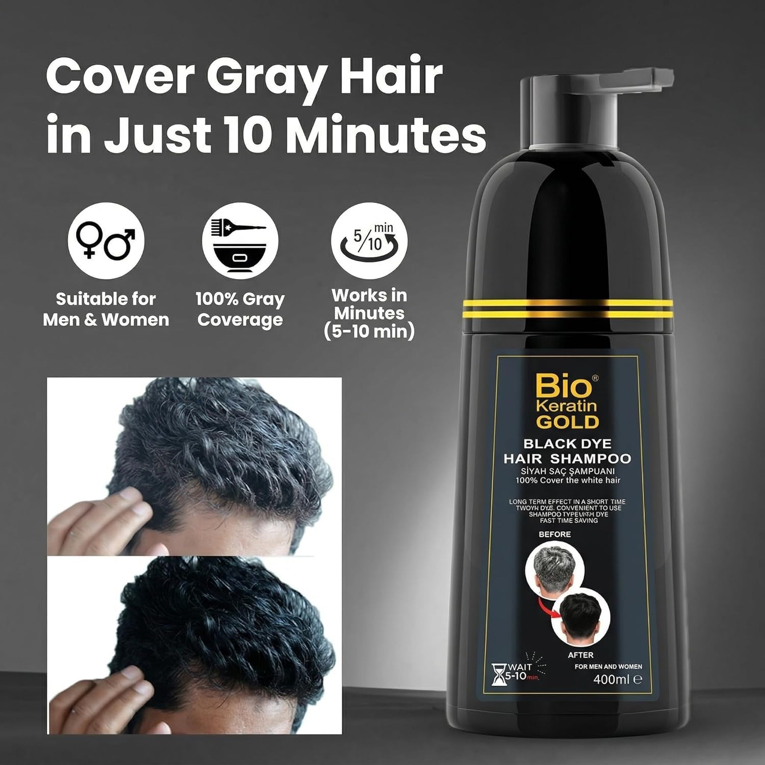 Shampoing Teinture Cheveux Noirs 400ml - Couverture 100% des Cheveux Gris en 5-10 Minutes, Résultats Professionnels & Qualité Salon, Couleur & Shampoing 2-en-1, Ne Tache Pas la Peau, Pour Hommes & Femmes