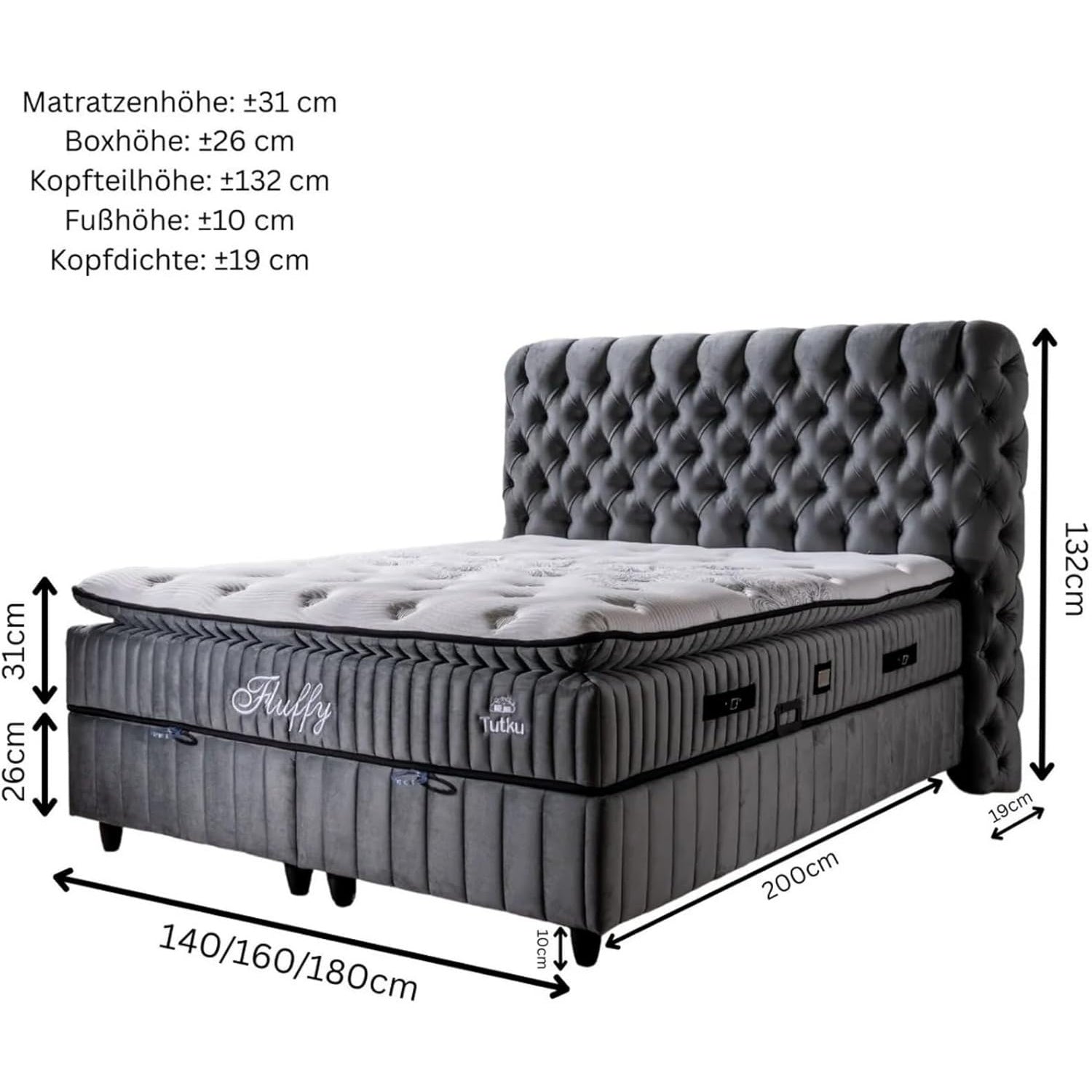 Lit coffre Fluffy avec matelas et sommier, lit avec rangement, ensemble complet avec matelas orthopédique 7 zones avec surmatelas, hypoallergénique, respirant, hauteur de couchage 67 cm