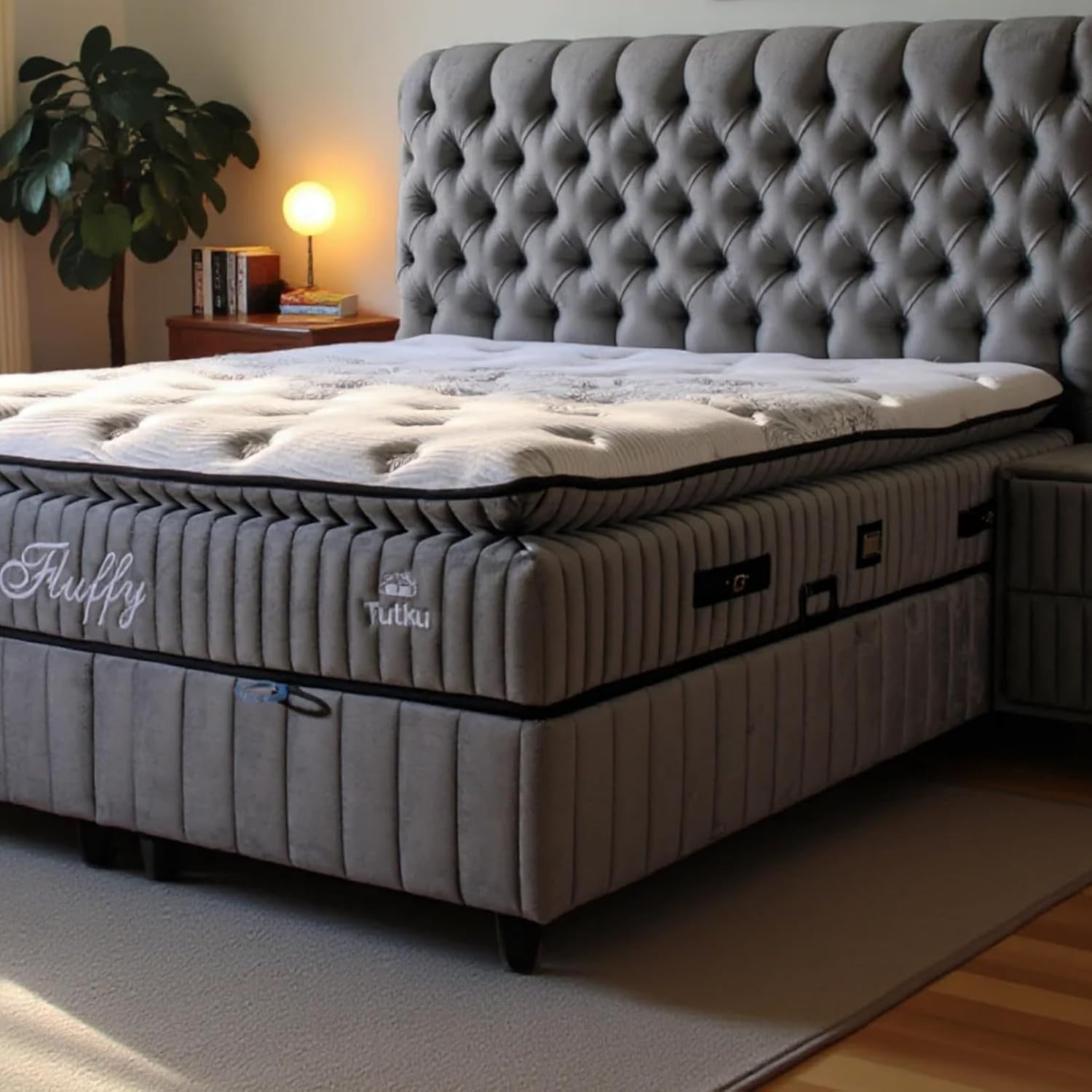 Lit coffre Fluffy avec matelas et sommier, lit avec rangement, ensemble complet avec matelas orthopédique 7 zones avec surmatelas, hypoallergénique, respirant, hauteur de couchage 67 cm