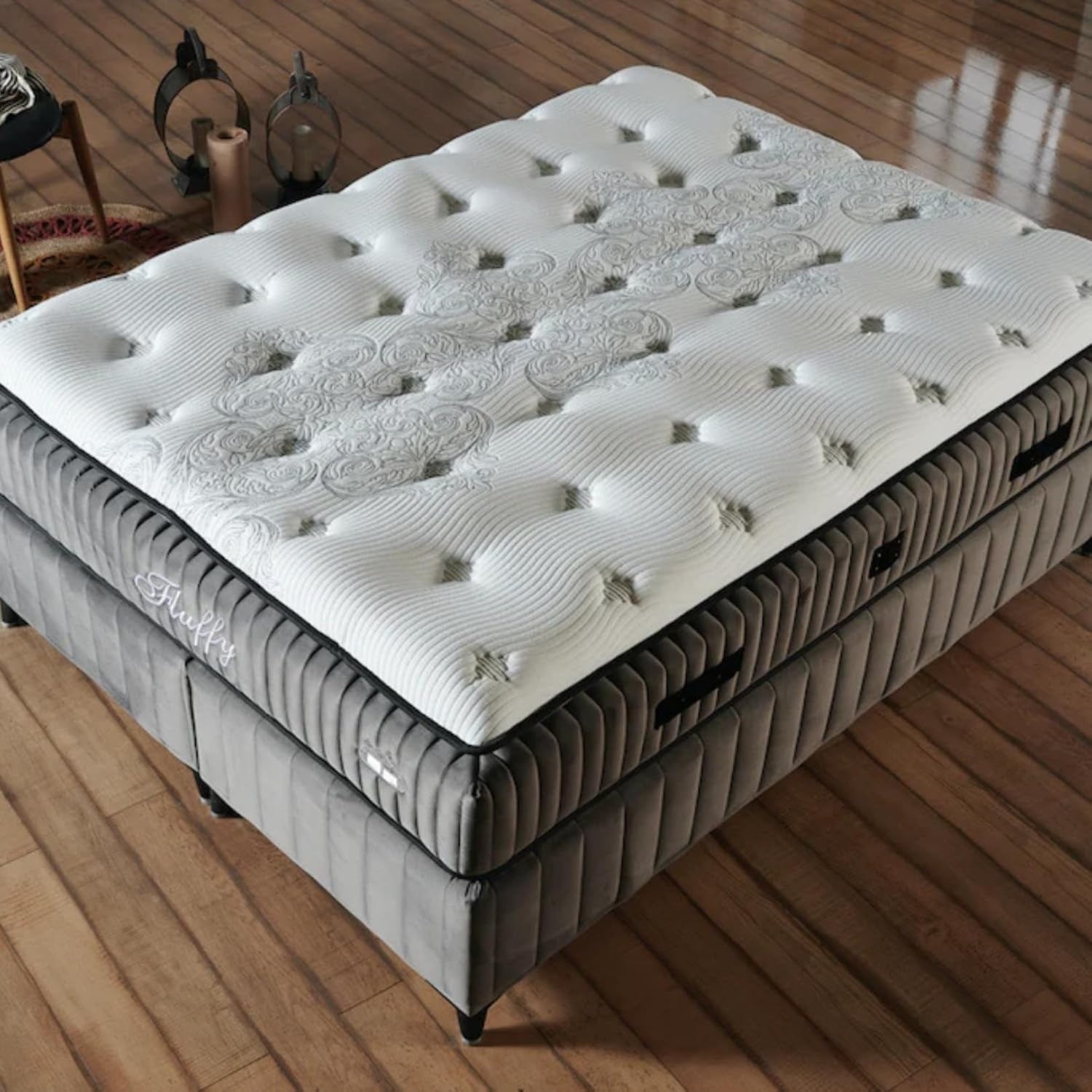 Lit coffre Fluffy avec matelas et sommier, lit avec rangement, ensemble complet avec matelas orthopédique 7 zones avec surmatelas, hypoallergénique, respirant, hauteur de couchage 67 cm
