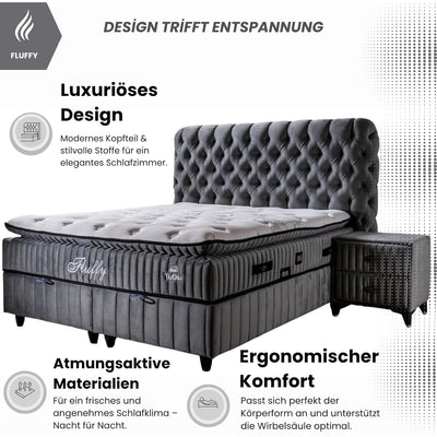 Lit coffre Fluffy avec matelas et sommier, lit avec rangement, ensemble complet avec matelas orthopédique 7 zones avec surmatelas, hypoallergénique, respirant, hauteur de couchage 67 cm