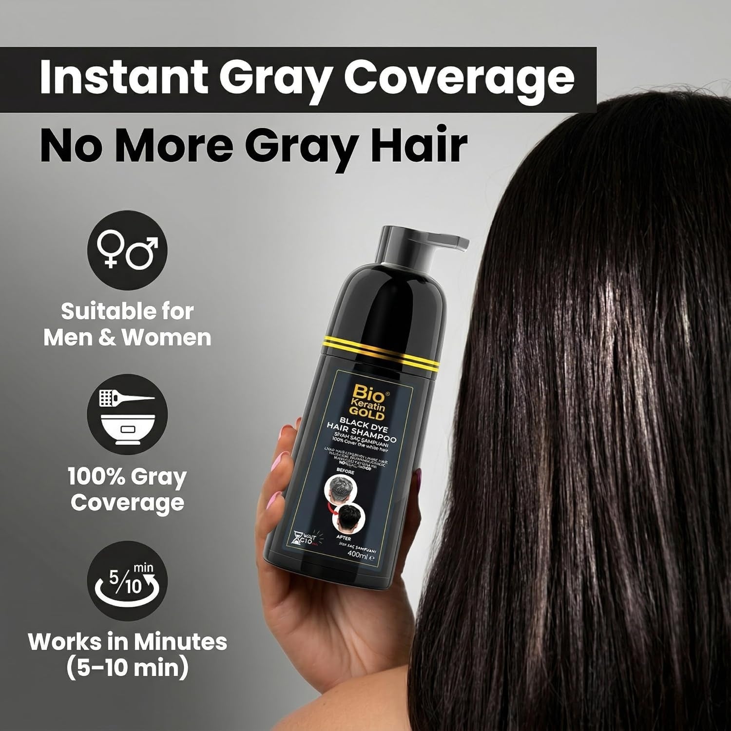 Shampoing Teinture Cheveux Noirs 400ml - Couverture 100% des Cheveux Gris en 5-10 Minutes, Résultats Professionnels & Qualité Salon, Couleur & Shampoing 2-en-1, Ne Tache Pas la Peau, Pour Hommes & Femmes