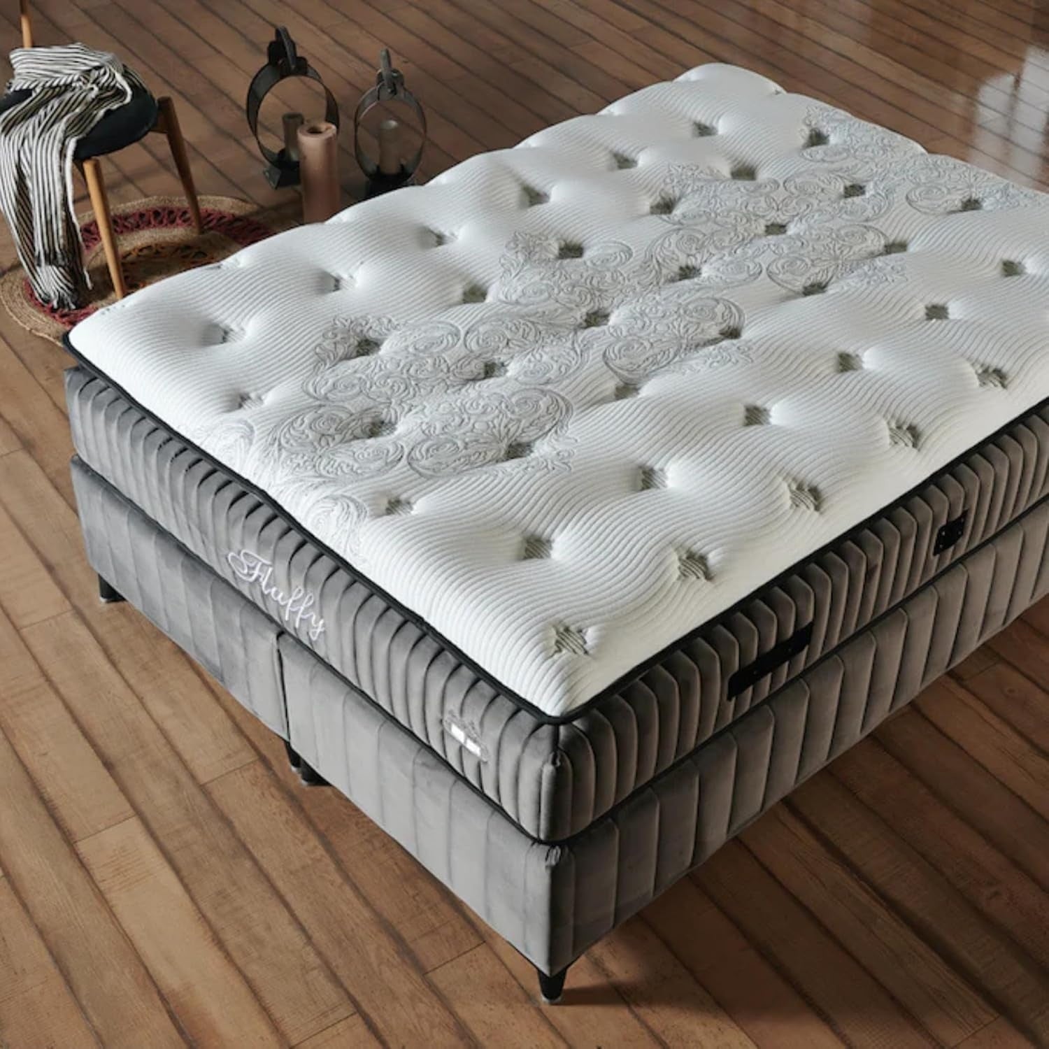 Lit coffre Fluffy avec matelas et sommier, lit avec rangement, ensemble complet avec matelas orthopédique 7 zones avec surmatelas, hypoallergénique, respirant, hauteur de couchage 67 cm