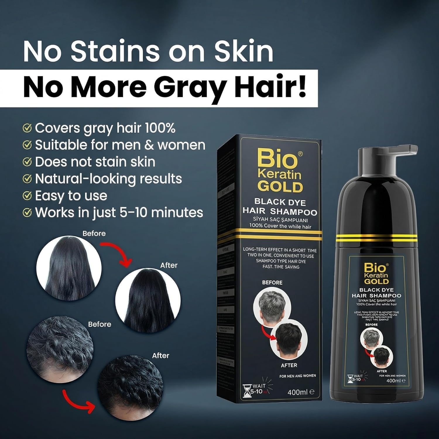 Shampoing Teinture Cheveux Noirs 400ml - Couverture 100% des Cheveux Gris en 5-10 Minutes, Résultats Professionnels & Qualité Salon, Couleur & Shampoing 2-en-1, Ne Tache Pas la Peau, Pour Hommes & Femmes