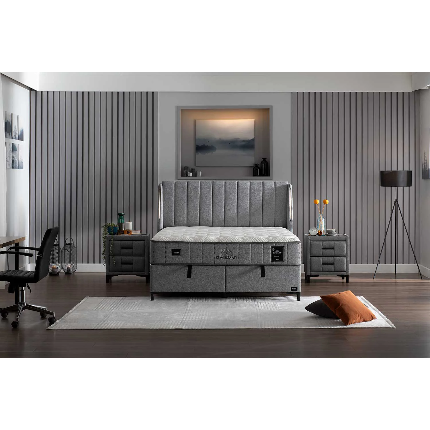 BAMBI - Ensemble Lit Sommier Boxspring Blacksand avec Rangement & Tête de Lit LED | Ensemble de Chambre Luxueux Premium