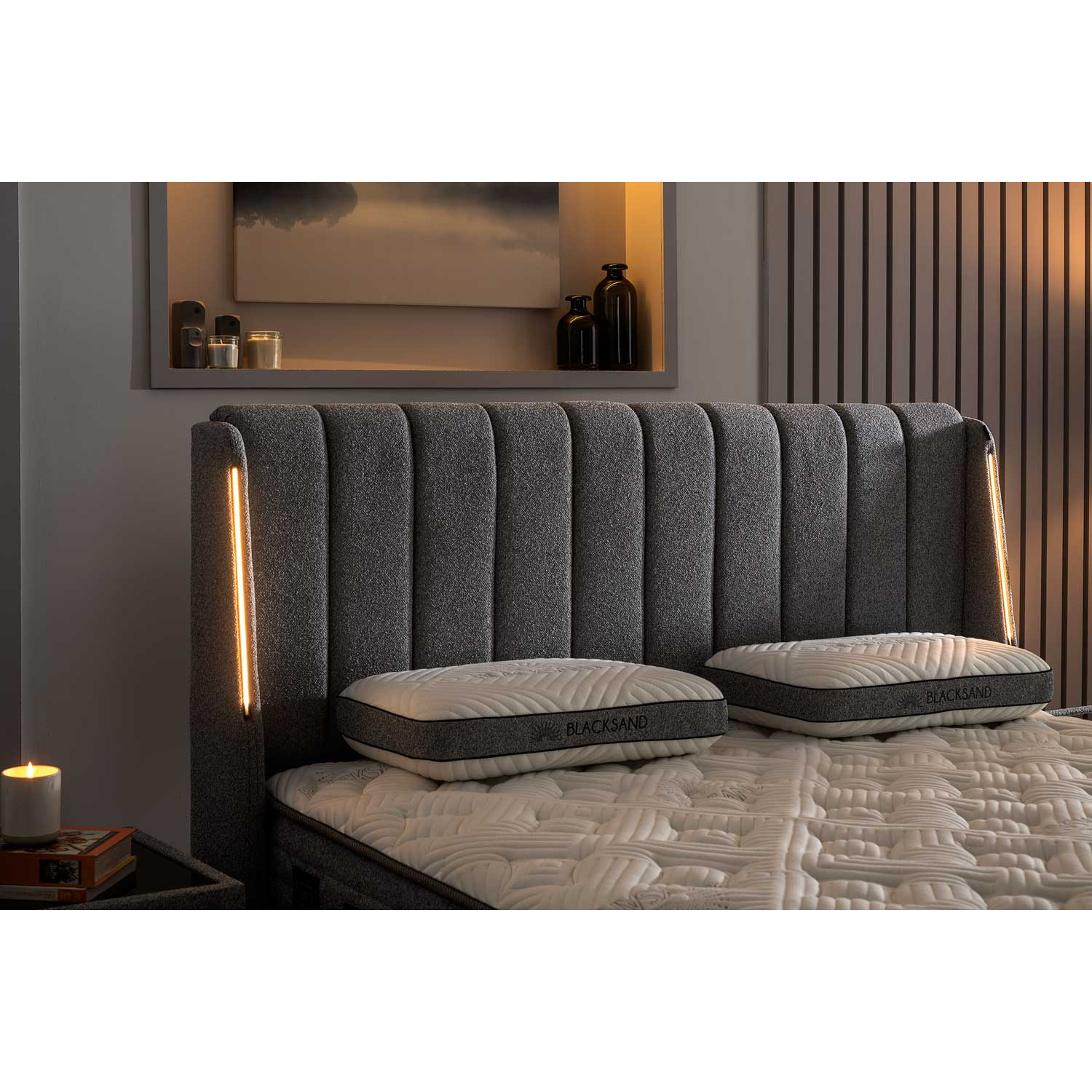 BAMBI - Ensemble Lit Sommier Boxspring Blacksand avec Rangement & Tête de Lit LED | Ensemble de Chambre Luxueux Premium