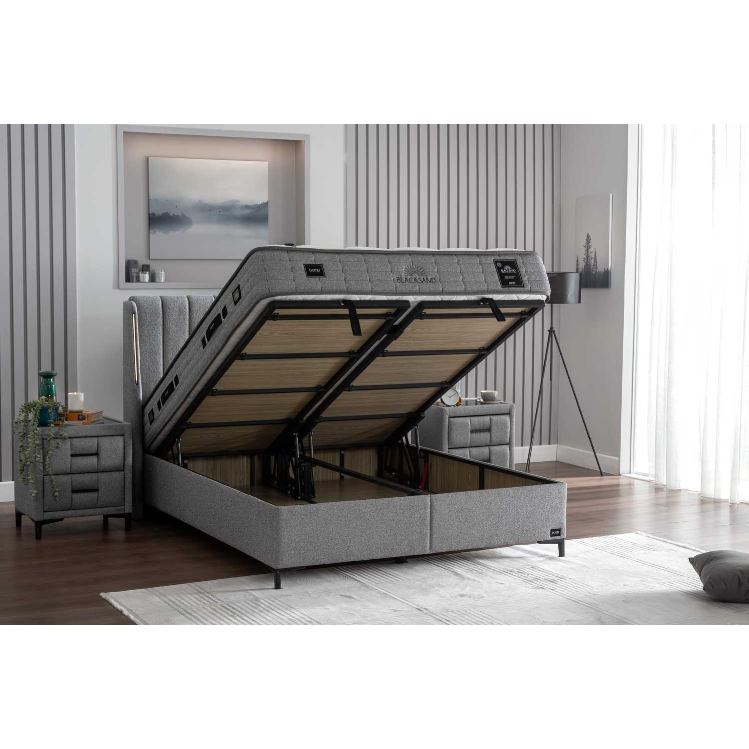 BAMBI - Ensemble Lit Sommier Boxspring Blacksand avec Rangement & Tête de Lit LED | Ensemble de Chambre Luxueux Premium