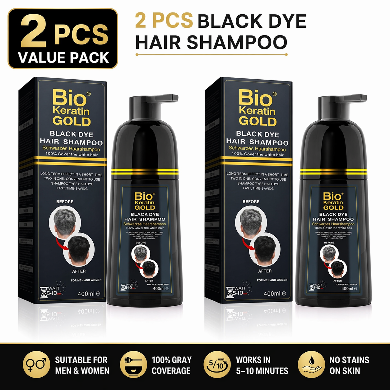 Shampoing Teinture Cheveux Noirs 400ml - Couverture 100% des Cheveux Gris en 5-10 Minutes, Résultats Professionnels & Qualité Salon, Couleur & Shampoing 2-en-1, Ne Tache Pas la Peau, Pour Hommes & Femmes
