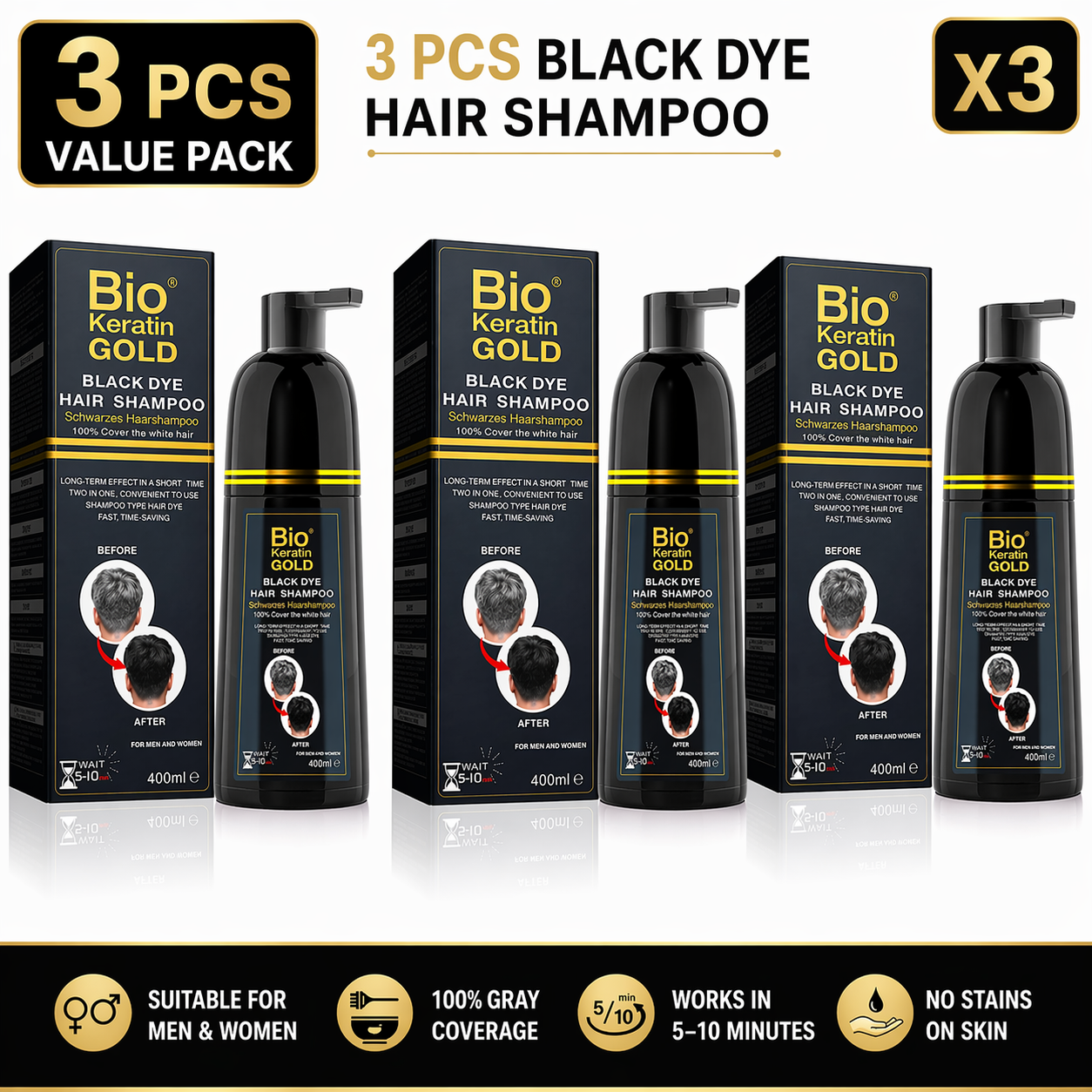 Shampoing Teinture Cheveux Noirs 400ml - Couverture 100% des Cheveux Gris en 5-10 Minutes, Résultats Professionnels & Qualité Salon, Couleur & Shampoing 2-en-1, Ne Tache Pas la Peau, Pour Hommes & Femmes