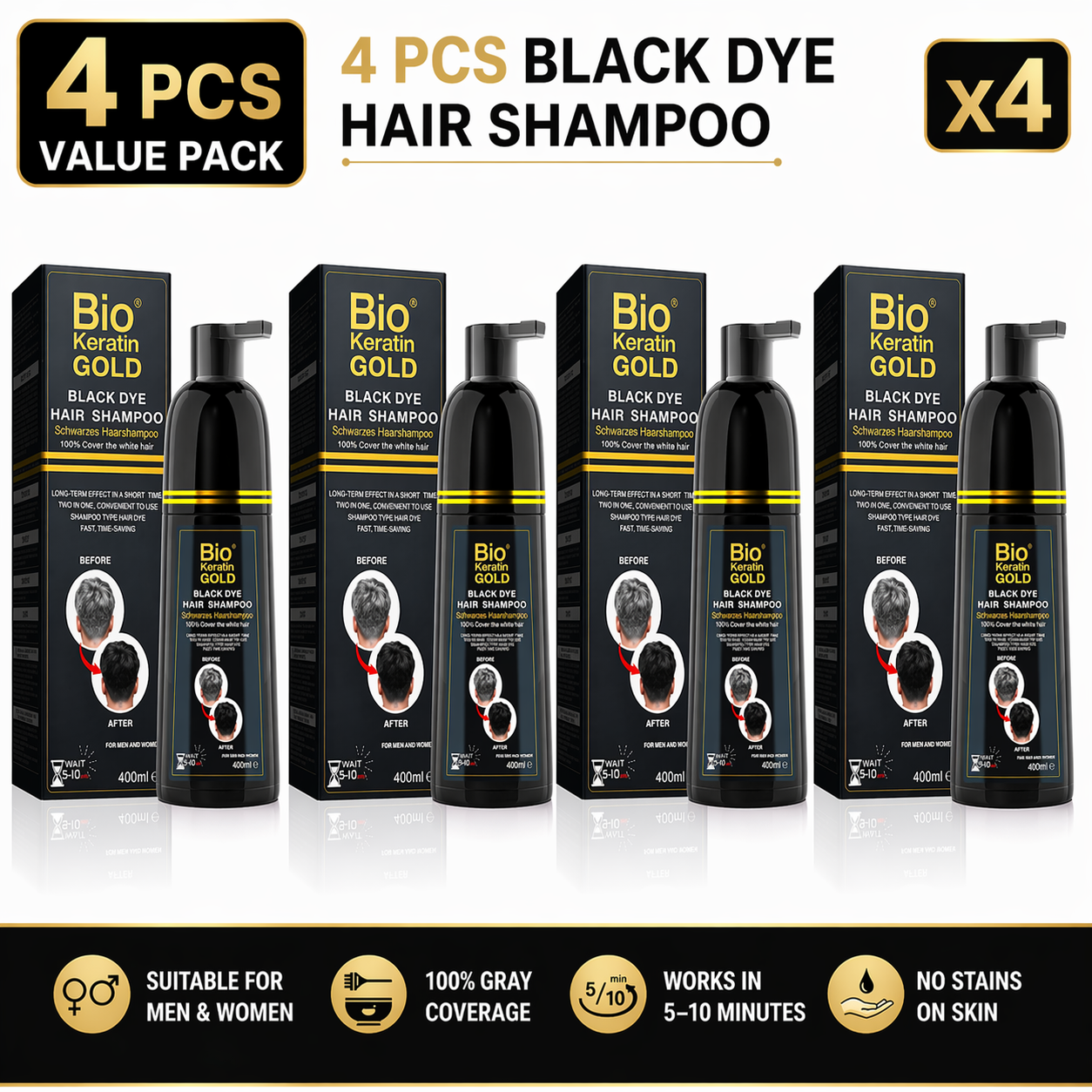 Shampoing Teinture Cheveux Noirs 400ml - Couverture 100% des Cheveux Gris en 5-10 Minutes, Résultats Professionnels & Qualité Salon, Couleur & Shampoing 2-en-1, Ne Tache Pas la Peau, Pour Hommes & Femmes