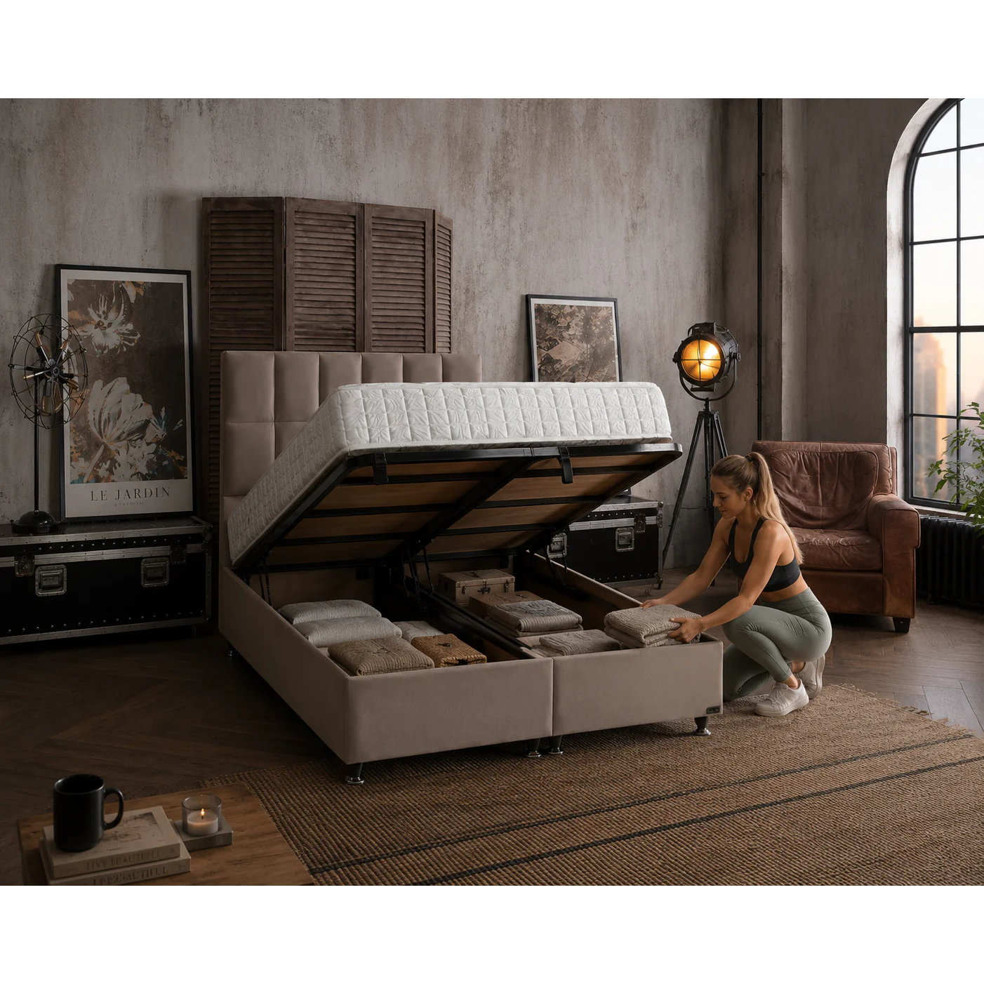 BAMBI - Ensemble de lit tapissier Golden Prime H3 – Lit de luxe avec rangement, matelas à ressorts ensachés premium et tête de lit rembourrée douce