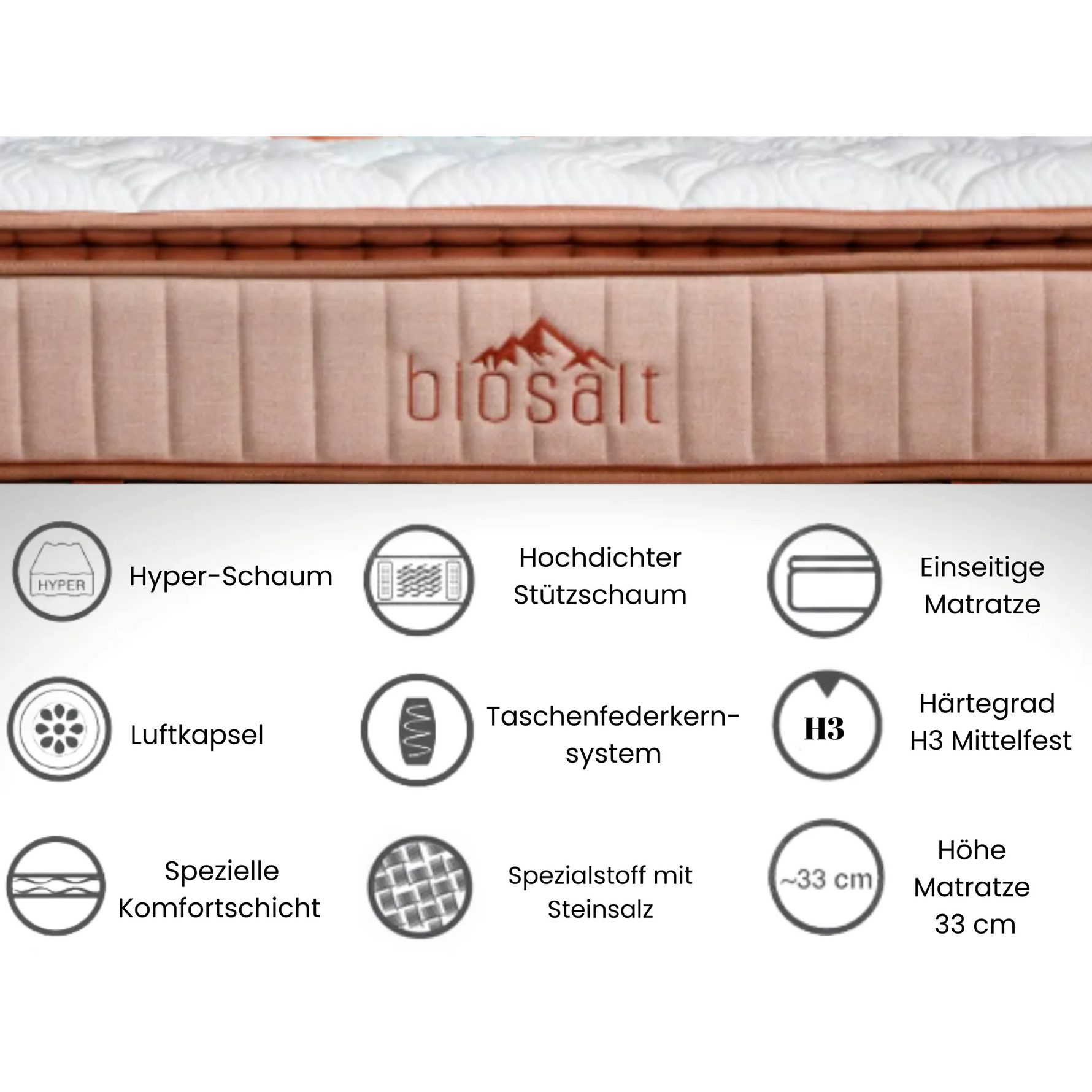 BAMBI - Matelas Hybride de Luxe Biosalt 33 cm – Ressorts Ensachés & Hyper Foam, Fermeté Moyenne H3, Soutien Orthopédique, Matelas Respirant en Tissu Premium