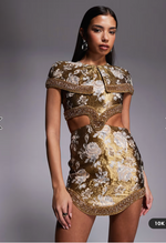 Cape Detail Jacquard Mini Dress with Shaped Hem in Gold
