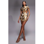 Cape Detail Jacquard Mini Dress with Shaped Hem in Gold