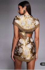 Cape Detail Jacquard Mini Dress with Shaped Hem in Gold