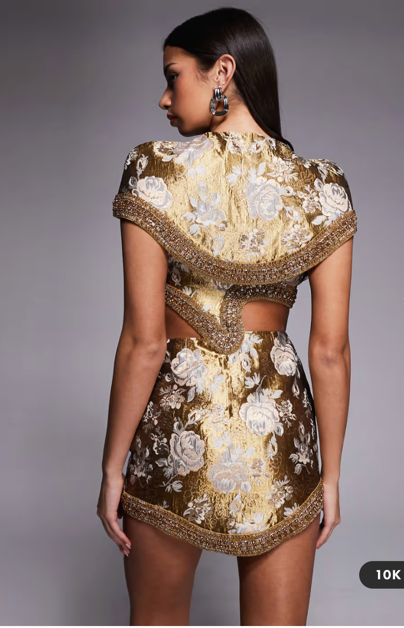 Cape Detail Jacquard Mini Dress with Shaped Hem in Gold