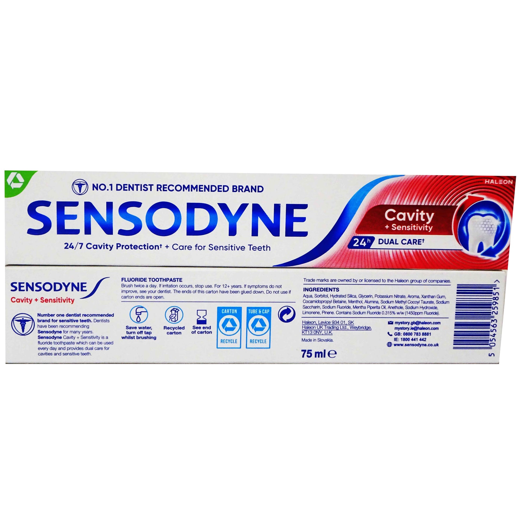 Sensodyne toothpaste tube on a white background