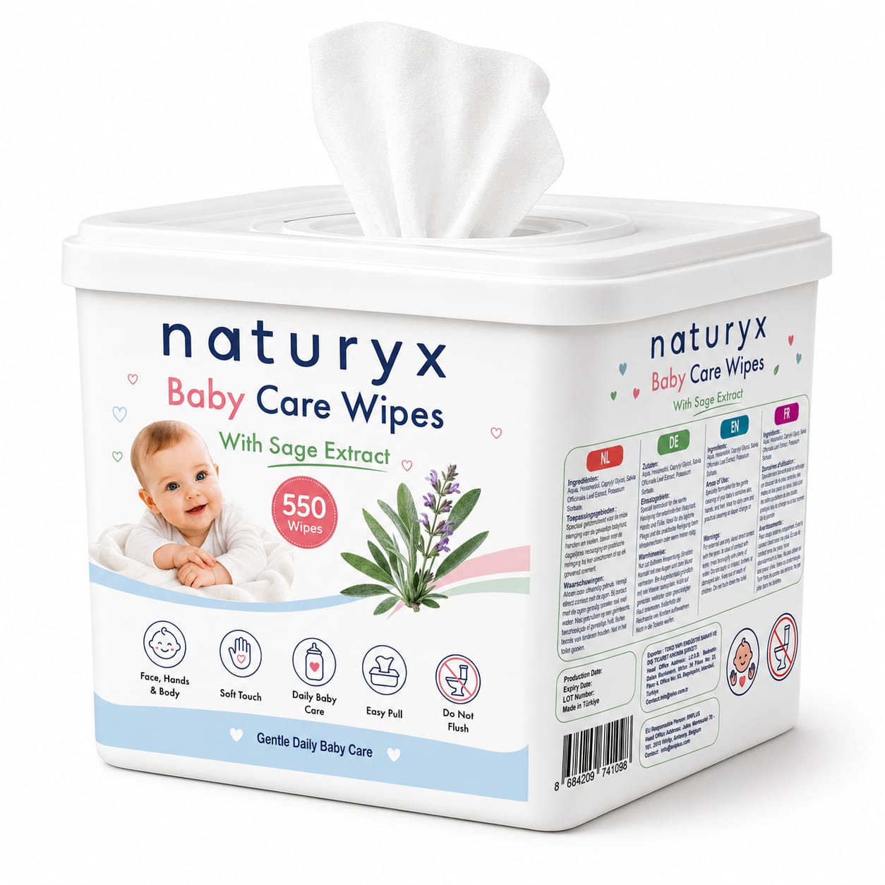 Naturyx Baby Care Wipes with Sage Extract – Gentle Cleansing for Face, Hands & Body – XXL Bucket (550 Wipes)