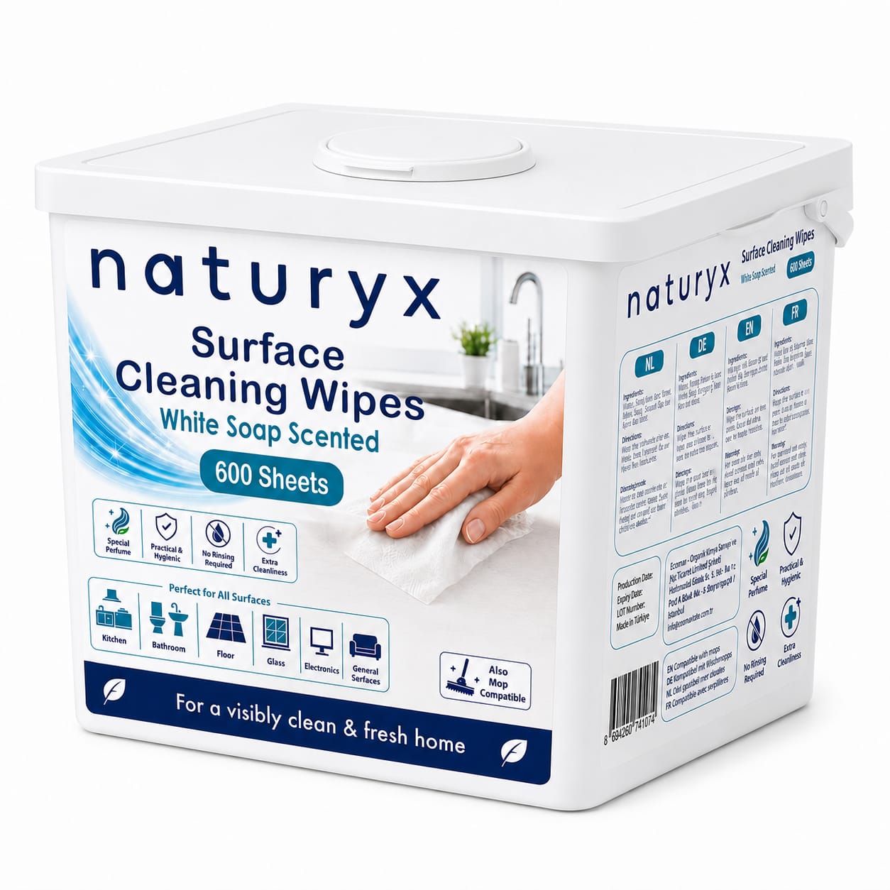 Naturyx Surface Cleaning Wipes (White Soap Scented) – All-Purpose Household & Professional Wipes – XXL Bucket (600 Sheets)