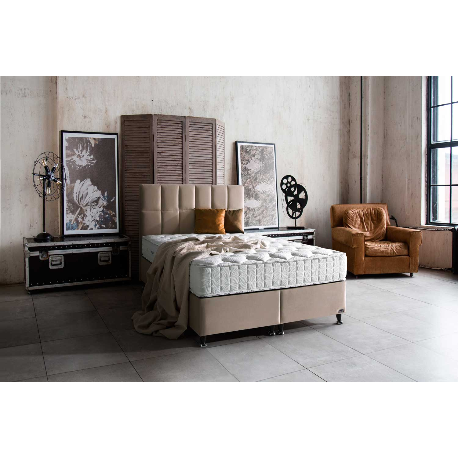 BAMBI - Ensemble de lit tapissier Golden Prime H3 – Lit de luxe avec rangement, matelas à ressorts ensachés premium et tête de lit rembourrée douce